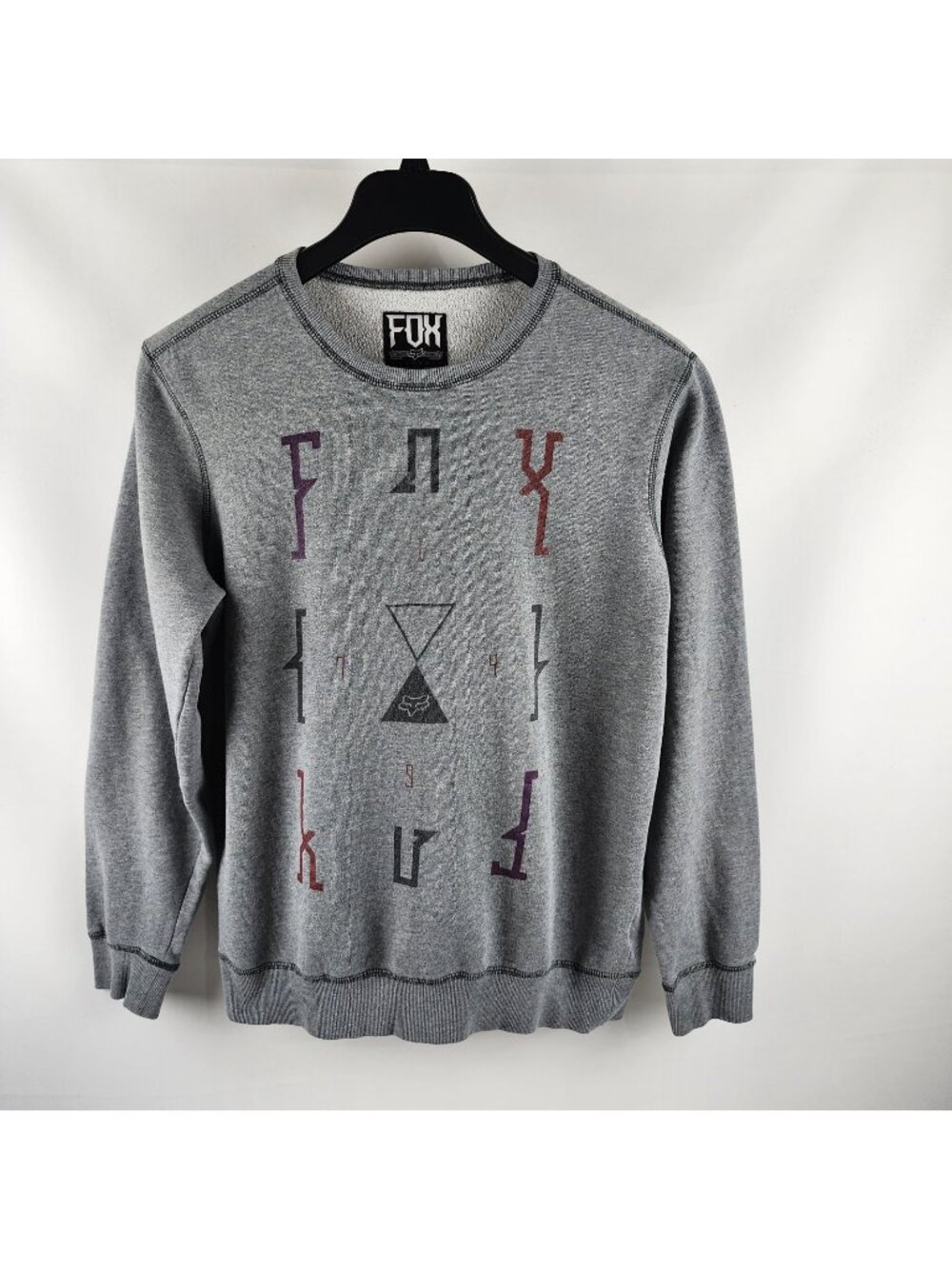 Fox Racing Sweatshirt Mens L Gray Fleece Slim Fit Graphic Numeric Geometric